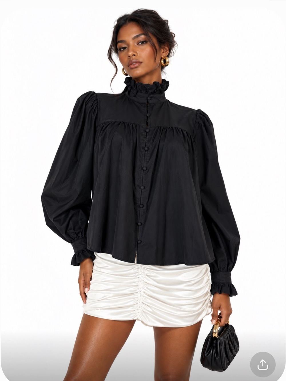 H&M Women's Black High Neck Ruffle Button Front Long Sleeve Blouse Size S